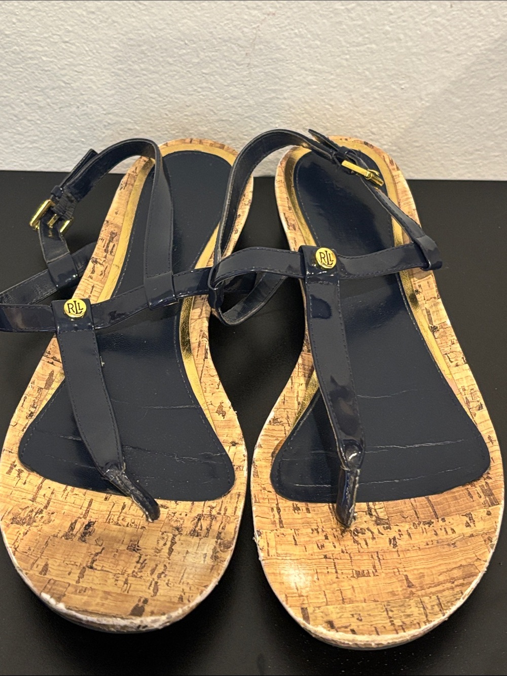 Ralph Lauren Navy Patent Cork T-Strap Sandals